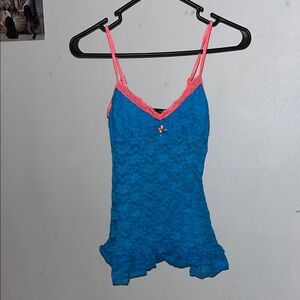 Blue Lace Camisole with Pink Straps